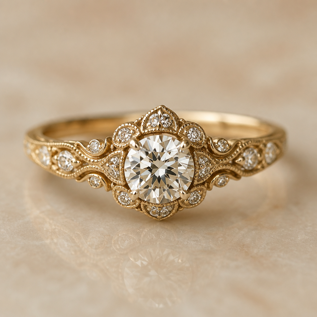 A vintage women's ring made of gold with diamond stones suitable for wedding
photorealistic jewelry design, A vintage women's ring made of gold with diamond stones suitable for wedding, vintage style, just the design no text