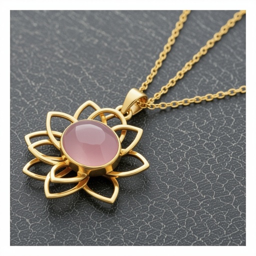 Золотая матовая цепочка. Подвеска лотос шесть лепестков не круглый . В сердце лотоса матовый розовый кварц овальный