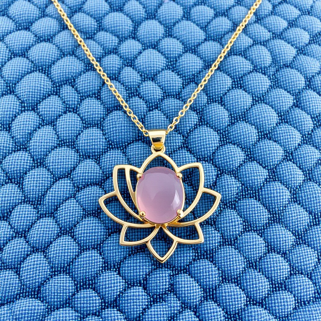 Золотая матовая цепочка. Подвеска матовая лотос шесть лепестков нижние лепестки крупнее верхних  не круглый . В сердце лотоса матовый розовый кварц овальный