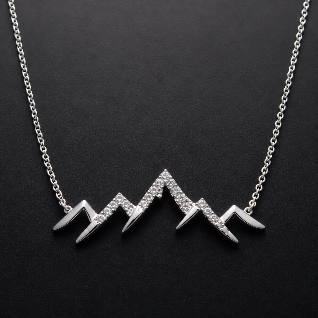 A women's necklace made of silver with diamond stones. montagne
photorealistic jewelry design, A women's necklace made of silver with diamond stones. montagne, modern style, just the design no text