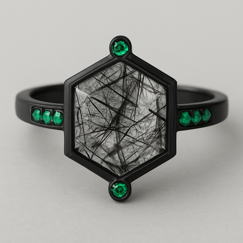 Hexagon cut tourmalated quarts, small emeralds top and bottom, stones on the side, black band 