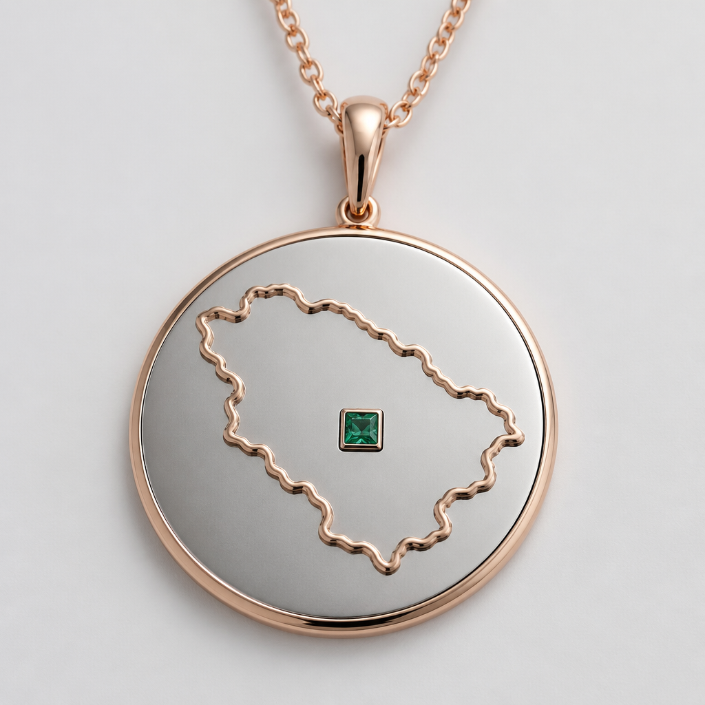 A women's pendant made of rose gold. 30 mm silver pendant with outline of sandžak and a square cut 2.5 mm Colombian emerald flush set in place of Novi Pazar
photorealistic jewelry design, A women's pendant made of rose gold. 30 mm silver pendant with outline of sandžak and a square cut 2.5 mm Colombian emerald flush set in place of Novi Pazar, modern style, just the design no text