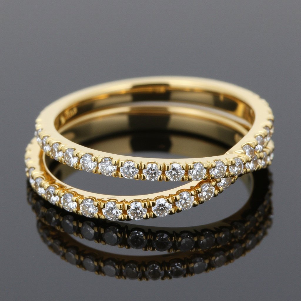 Gold ring with diamonds set all around on wedding alliance in beads setting