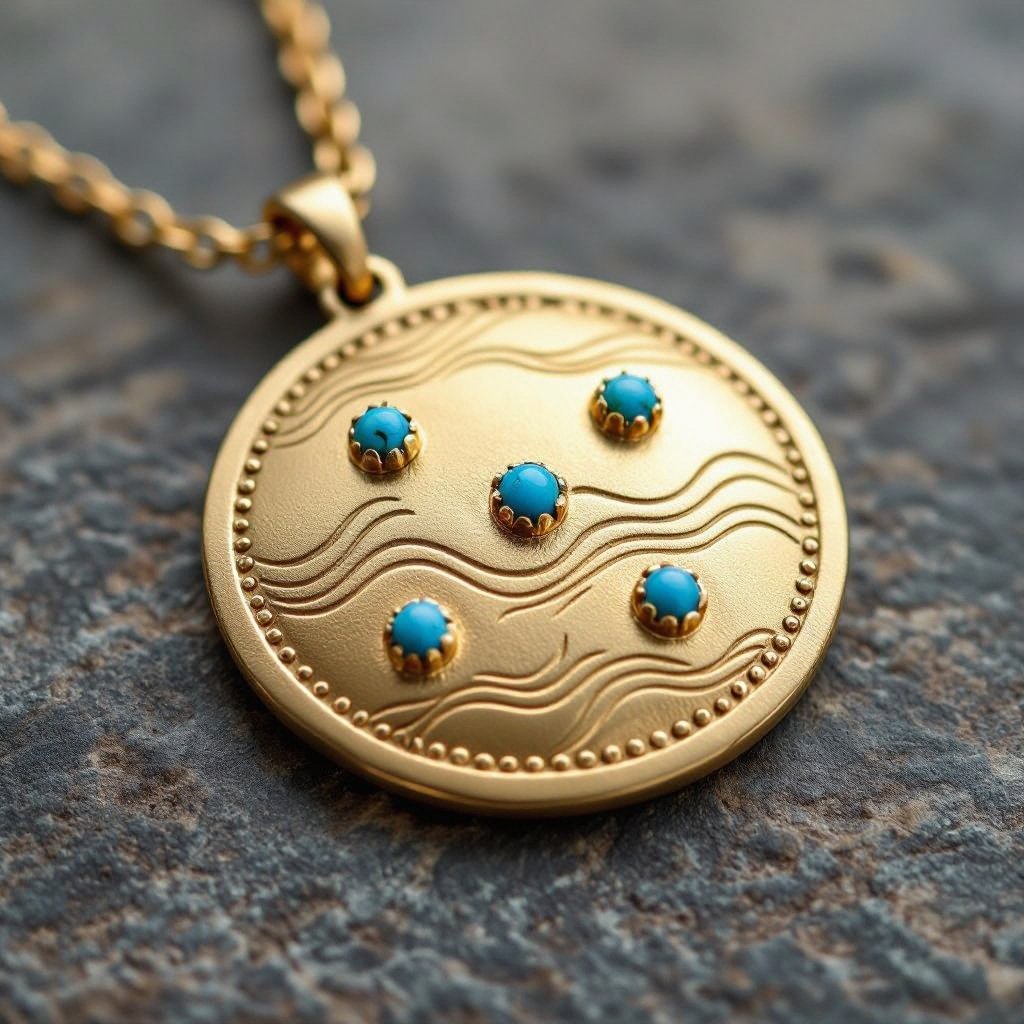Золотой матовый медальон в форме неровного круга с неровными краями. По краям выпуклые точки сплошной линией. На круге разные волнистые узоры словно волны. Три миниатюрных голубых камушка хаотично расположены в круге