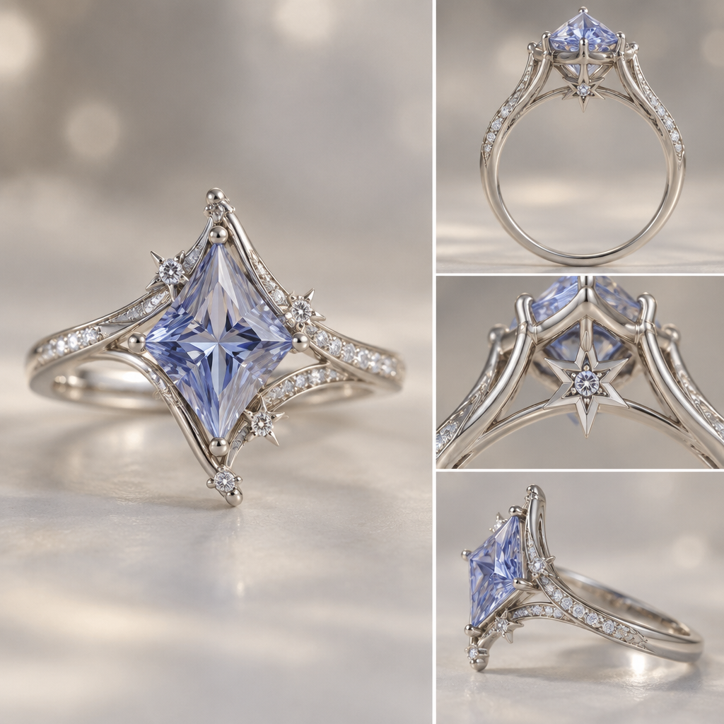 A bespoke/custom women's ring made of platinum suitable for engagement, minimalist, simple and delicate, clean lines. kite set periwinkle princess cut gem with celestial themes, hidden five point star under gallery asymmetrical bypass band design with pave. lean heavy into the star celestial theme while keeping it feminine
photorealistic jewelry design, A bespoke/custom women's ring made of platinum suitable for engagement, minimalist, simple and delicate, clean lines. kite set periwinkle princess cut gem with celestial themes, hidden five point star under gallery asymmetrical bypass band design with pave. lean heavy into the star celestial theme while keeping it feminine, bespoke_custom style, just the design no text