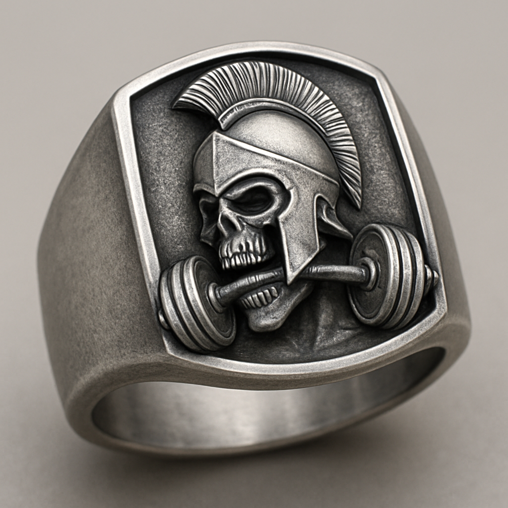 Silver signet ring with spartan skull biting barbell gym bro