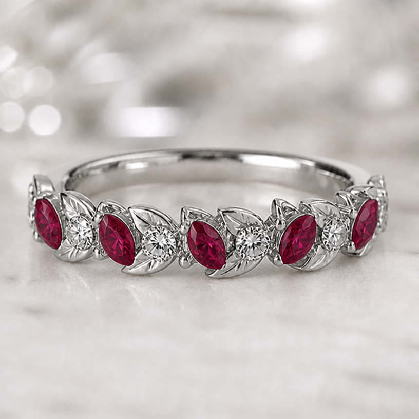 change ruby cut to marquis
edit the attached jewelry design with these instructions: change ruby cut to marquis. keep it photorealistic, just the design no text