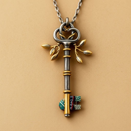 Old skeleton key shape gold and silver tones with olive branch turning on leg and keffieh print on the tip