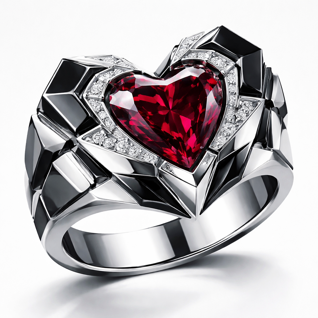 Modern Geometric ring of heart of architecture shape and edges of bold style with white and black and ruby diamond of of white background with edgy style