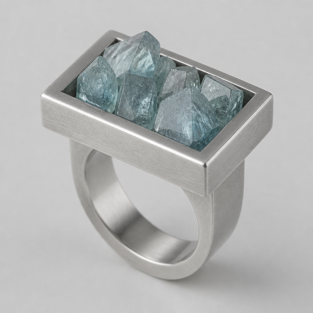 A industrial women's ring made of silver with aquamarine stones. Un anillo de líneas rectas, en la parte superior tiene un rectángulo mayor que el aro del anillo de líneas convexas con el interior hueco en el que van las gemas están en bruto que dobresalen en altura delbisel
photorealistic jewelry design, A industrial women's ring made of silver with aquamarine stones. Un anillo de líneas rectas, en la parte superior tiene un rectángulo mayor que el aro del anillo de líneas convexas con el interior hueco en el que van las gemas están en bruto que dobresalen en altura delbisel, industrial style, just the design no text
