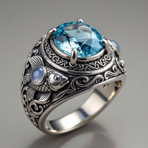 Aquamarine, and stones, silver ring with pisces/fish motif for man.