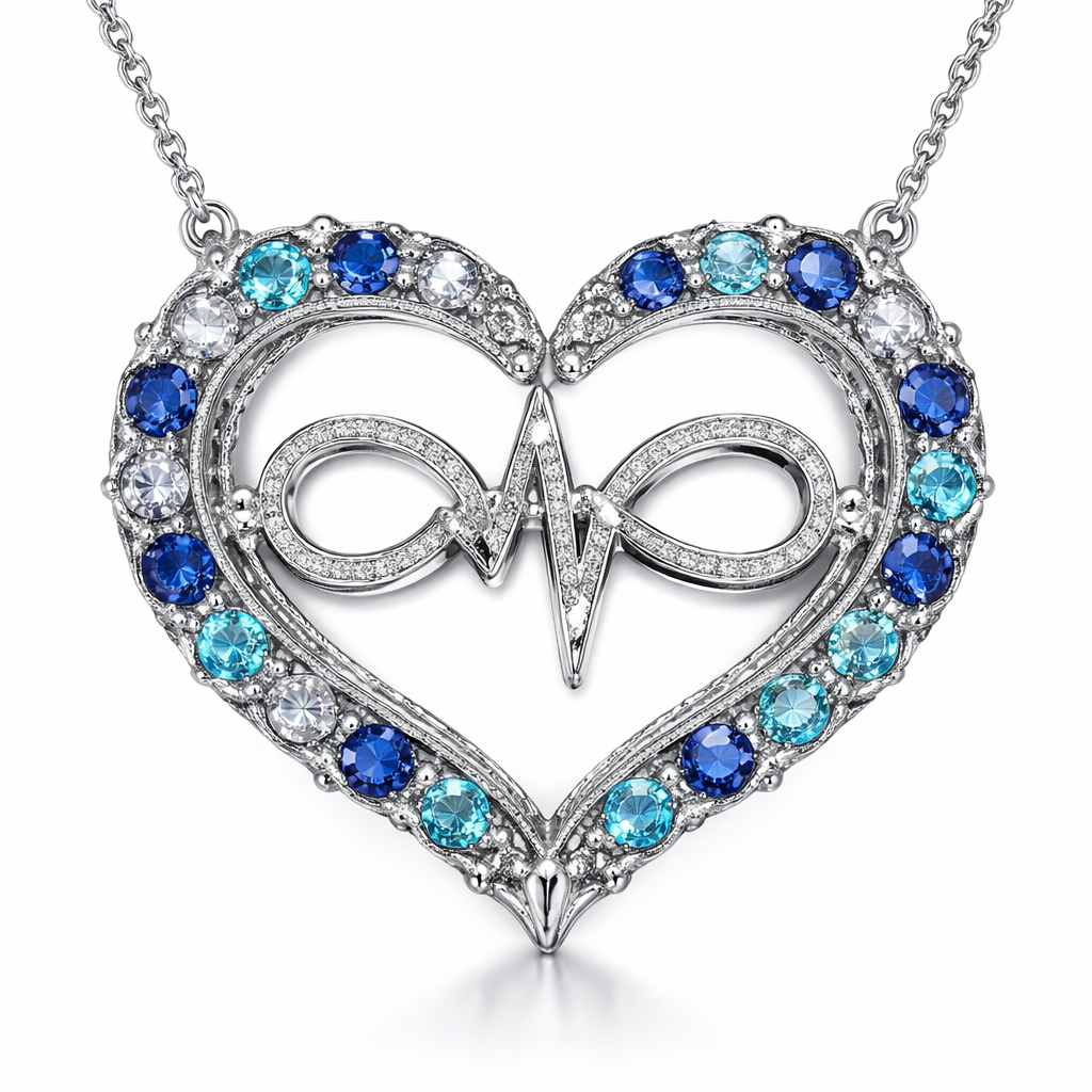 A heart necklace with the infinity symbol and heartbeat wave with alternating September, December and March birthstones all the way around the heart and infinity symbol