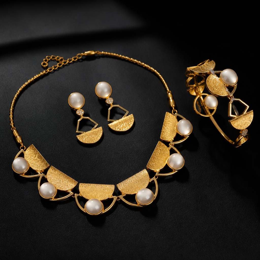 Prompt: Full jewelry suite made of authentic 21 karat gold. The set consists of a necklace, earrings, and a bracelet. Creative design blending semicircular gold plates with hollow geometric frames. Adorned with polished white agate and small sparkling white stones. High detail, luxury jewelry design, cinematic lighting, sharp focus on the textures of gold and white stones, isolated on a dark luxury background.
photorealistic jewelry design, Prompt: Full jewelry suite made of authentic 21 karat gold. The set consists of a necklace, earrings, and a bracelet. Creative design blending semicircular gold plates with hollow geometric frames. Adorned with polished white agate and small sparkling white stones. High detail, luxury jewelry design, cinematic lighting, sharp focus on the textures of gold and white stones, isolated on a dark luxury background., african style, just the design no text