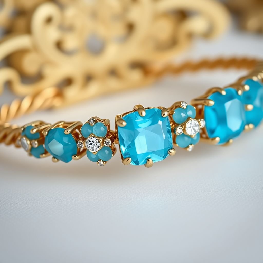 The bracelet should have small stone. The stone should be blue like sky and the bracelet should be not so bad about like new generation. It should be like diamond on this and then at background we can write something like potory or something.