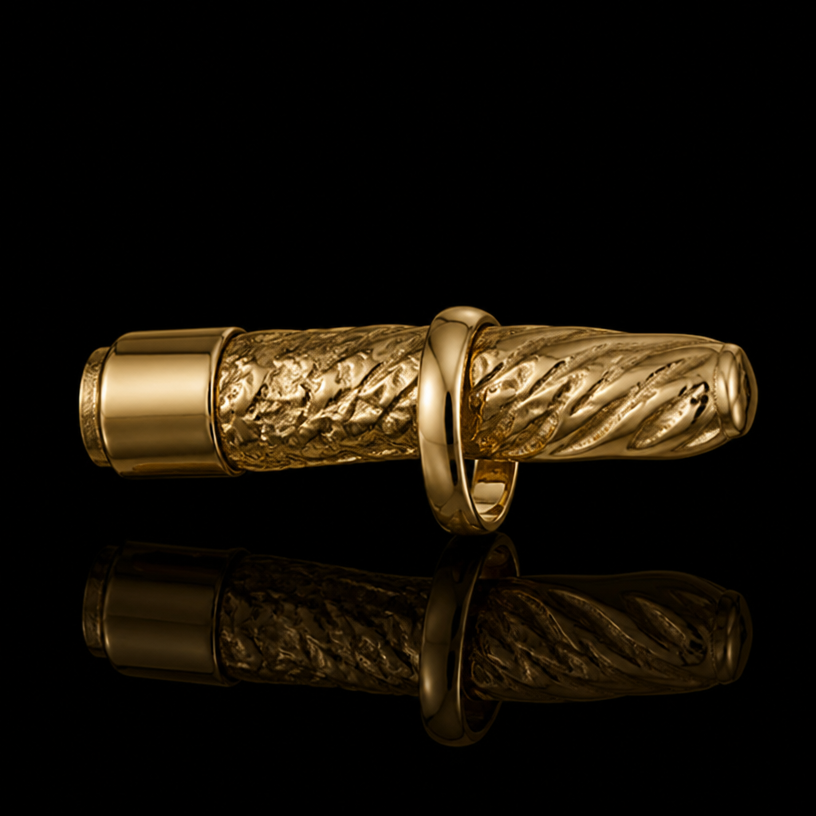 me gustaría el puro en horizontal, con un anillo y sin humo
edit the attached jewelry design with these instructions: me gustaría el puro en horizontal, con un anillo y sin humo. keep it photorealistic, just the design no text