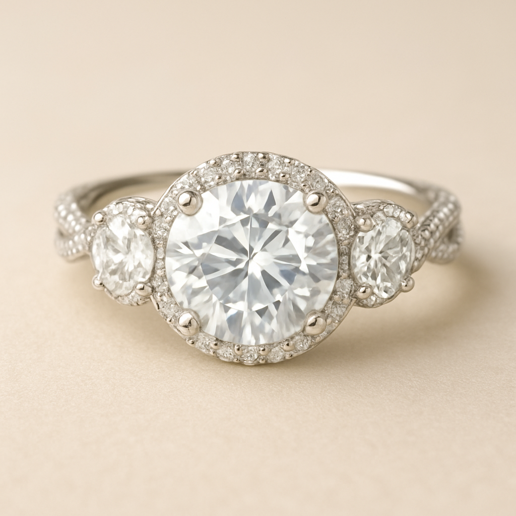 3 stone 4.5 carat wedding ring with twisted pave band and hidden halo