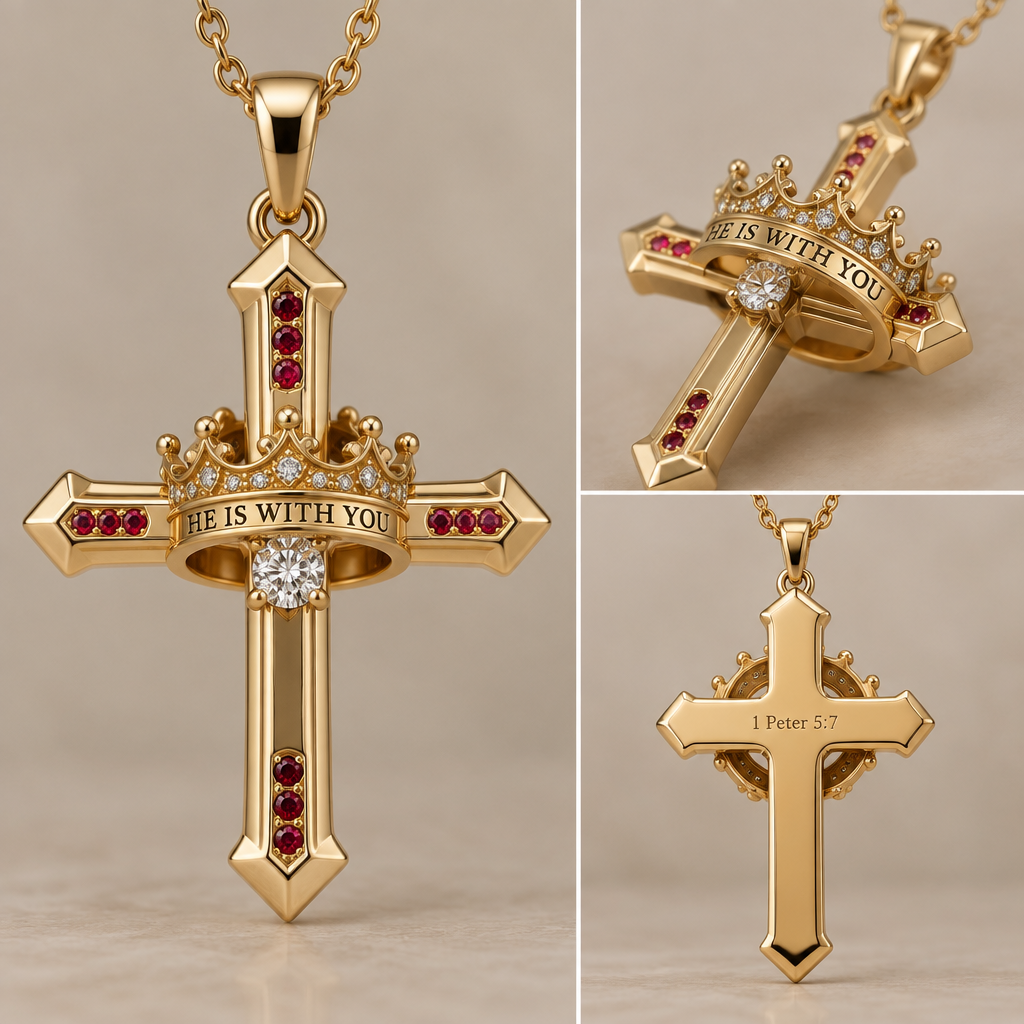 A women's ring. a gold cross necklace with a diamond in the middle and three little rubies in every point in a straight line they are very small, and a moveable gold crown on the cross with the words he is with you in the crown ant it it should be a kings crown and little diamonds all around and it can spin all around the cross. on the backof the cross is a ingravemet the Bible verse 1 Peter 5:7
photorealistic jewelry design, A women's ring. a gold cross necklace with a diamond in the middle and three little rubies in every point in a straight line they are very small, and a moveable gold crown on the cross with the words he is with you in the crown ant it it should be a kings crown and little diamonds all around and it can spin all around the cross. on the backof the cross is a ingravemet the Bible verse 1 Peter 5:7, modern style, just the design no text