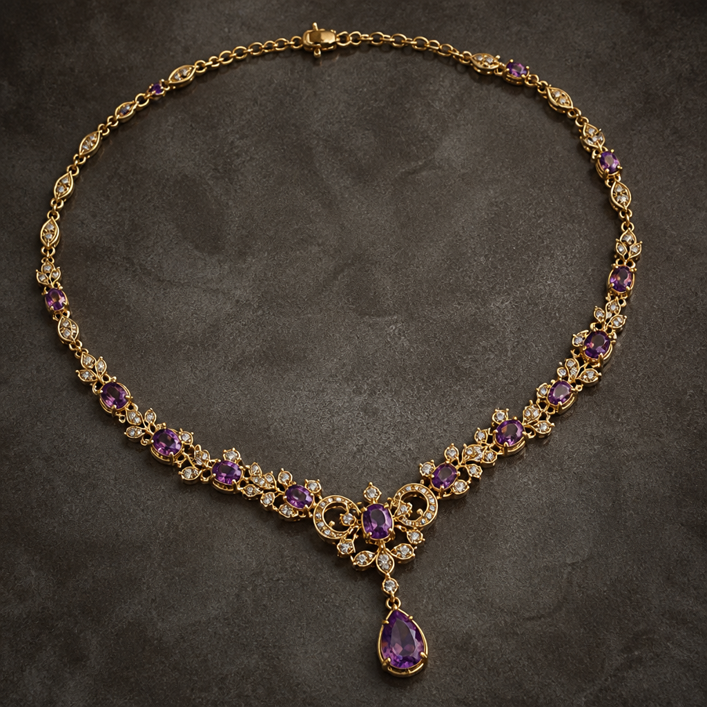 A vintage women's necklace made of gold with amethyst and diamond stones suitable for wedding. e. g like the reference photo
photorealistic jewelry design, A vintage women's necklace made of gold with amethyst and diamond stones suitable for wedding. e. g like the reference photo, vintage style, just the design no text