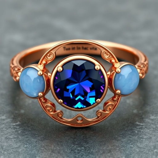 A simple rose gold engagement ring set with a circular alexandrite. Also set with a small half moon blue chalcedony on one side right next to it, and a small half moon moonstone set on the other side right next to it. On the inside of the band, it has an inscription reading, “Tuum. Et in hac vita et in altera.”