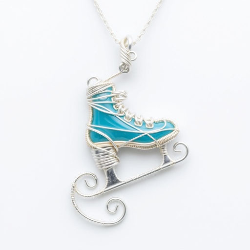 Silver Pendant shape one ice skate with turquoise stripe inside the low thin part blade