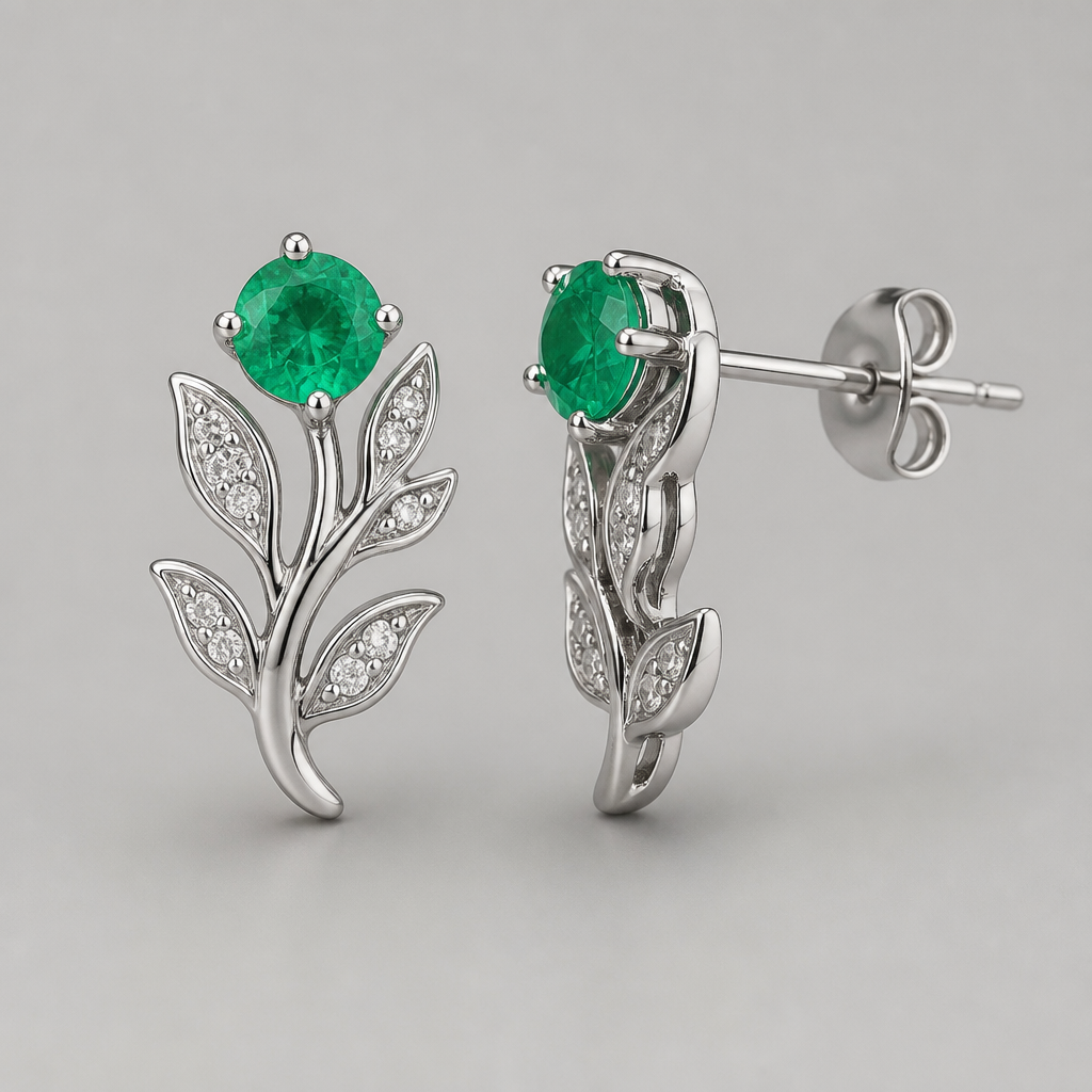 Earrings, white gold or platinum, pierced, each with 1cwt green emerald, leaf design
photorealistic jewelry design, Earrings, white gold or platinum, pierced, each with 1cwt green emerald, leaf design
, nature_inspired style, just the design no text