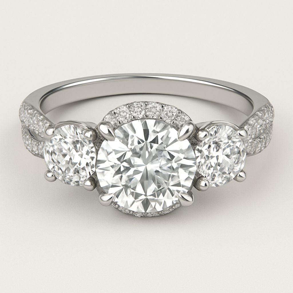 3 stone 4.5 carat wedding ring with twisted pave band and hidden halo