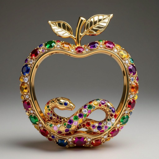 An apple frame climbed by a serpant from gold and designed with colorful gems