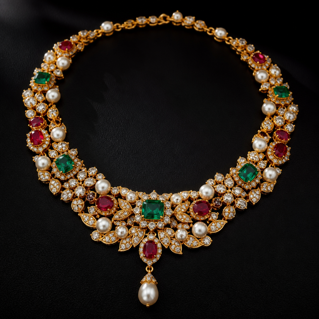 A luxury women's necklace made of gold with diamond and emerald and ruby and pearl stones suitable for party. a necklace with mixed up of that stone in 18kt gold in a weight range of 30-40 gram
photorealistic jewelry design, A luxury women's necklace made of gold with diamond and emerald and ruby and pearl stones suitable for party. a necklace with mixed up of that stone in 18kt gold in a weight range of 30-40 gram, luxury style, just the design no text