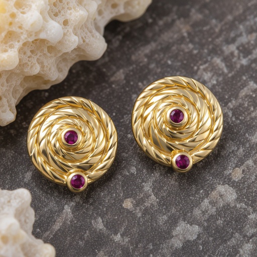 Золотые серьги в виде золотой спиральной ракушки украшенной тремя маленькими камнями 