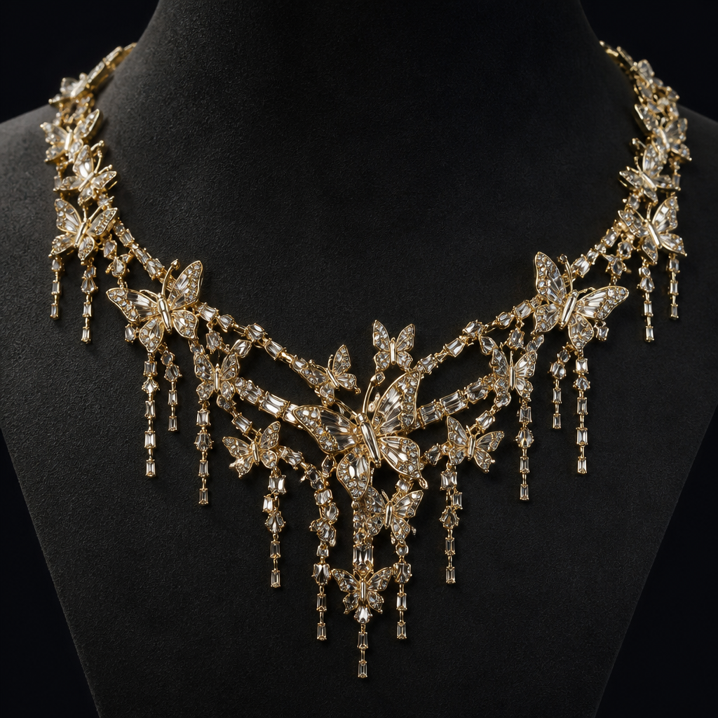 ابغا عقد فراشات مع ضهور كرستالات ويكون جداً ملفت ولونه ذهبي
photorealistic jewelry design, ابغا عقد فراشات مع ضهور كرستالات ويكون جداً ملفت ولونه ذهبي
, art_deco style, just the design no text