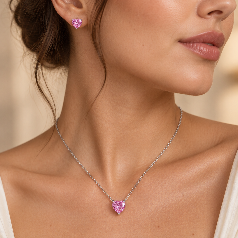 Jewelry photoshoot (worn)
Show the jewelry piece from the image worn by an elegant model in a professional editorial photograph, soft studio lighting. Reproduce the jewelry's exact design, metal, stones and details faithfully. Photorealistic, no text. Additional instructions: "Close-up editorial jewelry photo of a woman's neck, collarbone, and ear, tightly cropped (chin, jaw, and lips partially in frame, head gently turned to the side). She wears a sterling silver necklace with a heart-shaped pink cubic zirconia pendant set in a simple four-prong setting, and a matching heart-shaped pink cubic zirconia stud earring.
METAL FINISH: the sterling silver must be rhodium-plated — bright, cool-white, and reflective with a polished mirror-like shine, not dull or matte. The metal should catch light naturally, without looking overly glossy, plastic, or artificially glowing.
STONE DETAIL: the pink heart-cut cubic zirconia stones must be vivid pink, sparkling, and perfectly faceted with a clean heart shape, catching light realistically with natural sparkle and brilliance — not flat or dull.
SKIN REALISM REQUIREMENT: skin must look completely natural and photorealistic — visible fine skin texture, natural pores, subtle imperfections, soft even tone. Avoid any smooth, plastic, airbrushed, CGI, or overly retouched look. Lighting soft and warm, casting natural gentle shadows.
STRICT SIZE REQUIREMENT: the pendant must be exactly 0.7cm height, and the earring exactly 0.6cm height, true to real-life scale against the neck and ear — do not enlarge or oversize.
CHAIN AND PENDANT POSITION: fine cable chain draping naturally in a soft V-shape along the collarbone, with the heart pendant hanging centered at the lowest point of the chain, point of the heart facing down, attached by a small prong setting at the top.
Background a warm blurred neutral tone (cream/beige), shallow depth of field. Mood: elegant, minimal, intimate — natural high-end jewelry brand photography style, matching the reference close-up shot.
FORMAT: generate this image in Instagram Post format, square aspect ratio 1:1 (1080x1080px), with the jewelry and face composition centered and balanced within the frame..