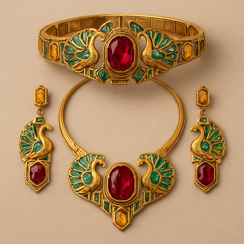 A full Ruby jewelry set including bracelet with at least 10 citrine and green topaz inlays with peacock themes and an omega necklace