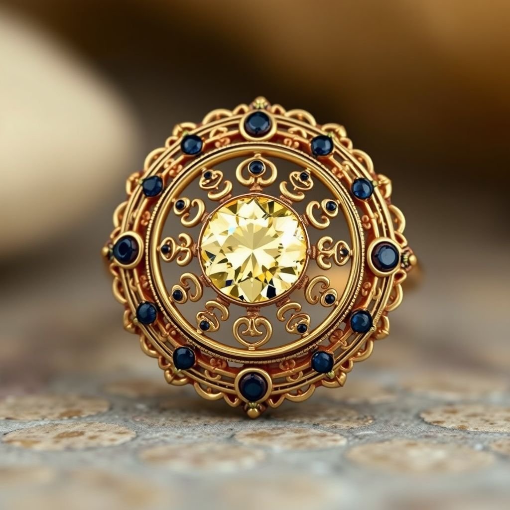 A gold ring that is round like astrology chart with a sun in the middle that is represented as light yellow diamond