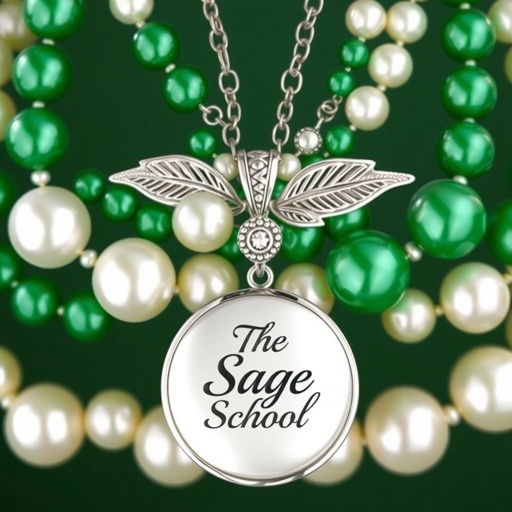 Green and white necklace that says The Sage School