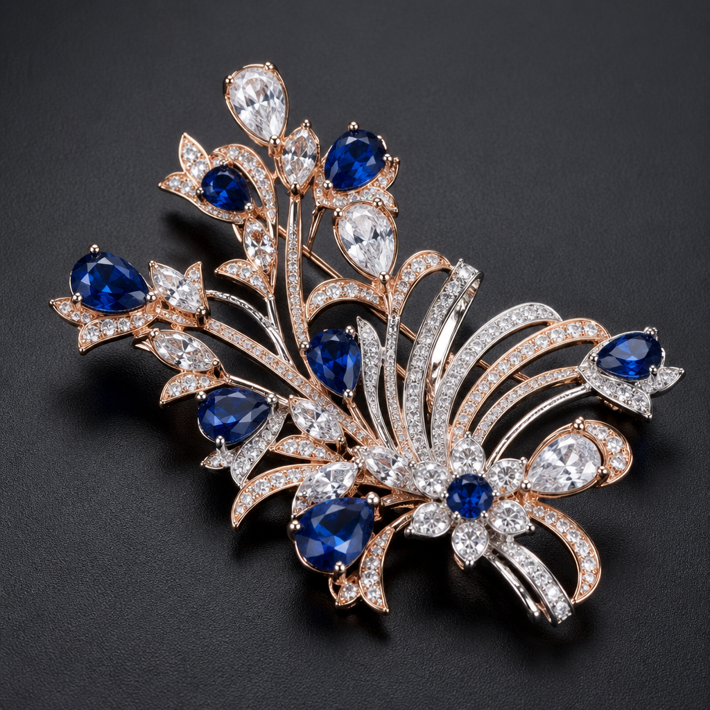 A luxury women's brooch made of white gold with sapphire and diamond stones suitable for formal. a 18 karat rose gold and 5 karat of diamonds
photorealistic jewelry design, A luxury women's brooch made of white gold with sapphire and diamond stones suitable for formal. a 18 karat rose gold and 5 karat of diamonds, luxury style, just the design no text