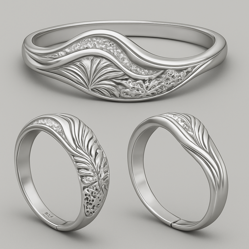 Design Concept: Create an elegant bangle (size 2/8) inspired by the natural beauty of island nations like Fiji — incorporating ocean waves, tropical flora, coral textures, and gentle curves reminiscent of sea breeze and island sunsets.
Material: Primary metal — 925 sterling silver with optional diamond accents for sparkle and sophistication.
Style Direction: A modern-luxury aesthetic that blends nature-inspired motifs with timeless elegance, suitable for premium designer brands such as Cartier or Bulgari.
Design Details:
Smooth, sculpted contours evoking waves or palm leaf curves.
Diamond or gemstone inlays subtly representing island light reflections on water.
Refined finishing, ideal for silver or 18K gold variations.
Artistic yet commercially viable — able to form the signature piece of a luxury jewelry line.
Output Requirements:
3D detailed rendering suitable for jewelry manufacturing.
Front, side, and angled perspective views.
Emphasize wearability, elegance, and brand potential.
Include optional engraving zone for brand logo.
Mood Keywords: Luxury island elegance, oceanic artistry, tropical sophistication, timeless silver radiance, Fiji-inspired design.