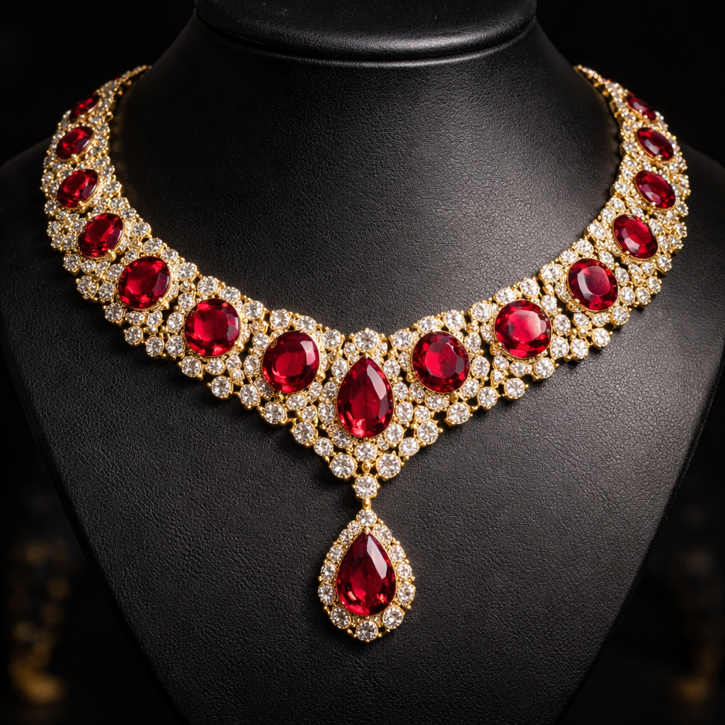 I want a gold necklace with shining red sapphires all around it
I want a gold necklace with shining red sapphires all around it, luxury style
