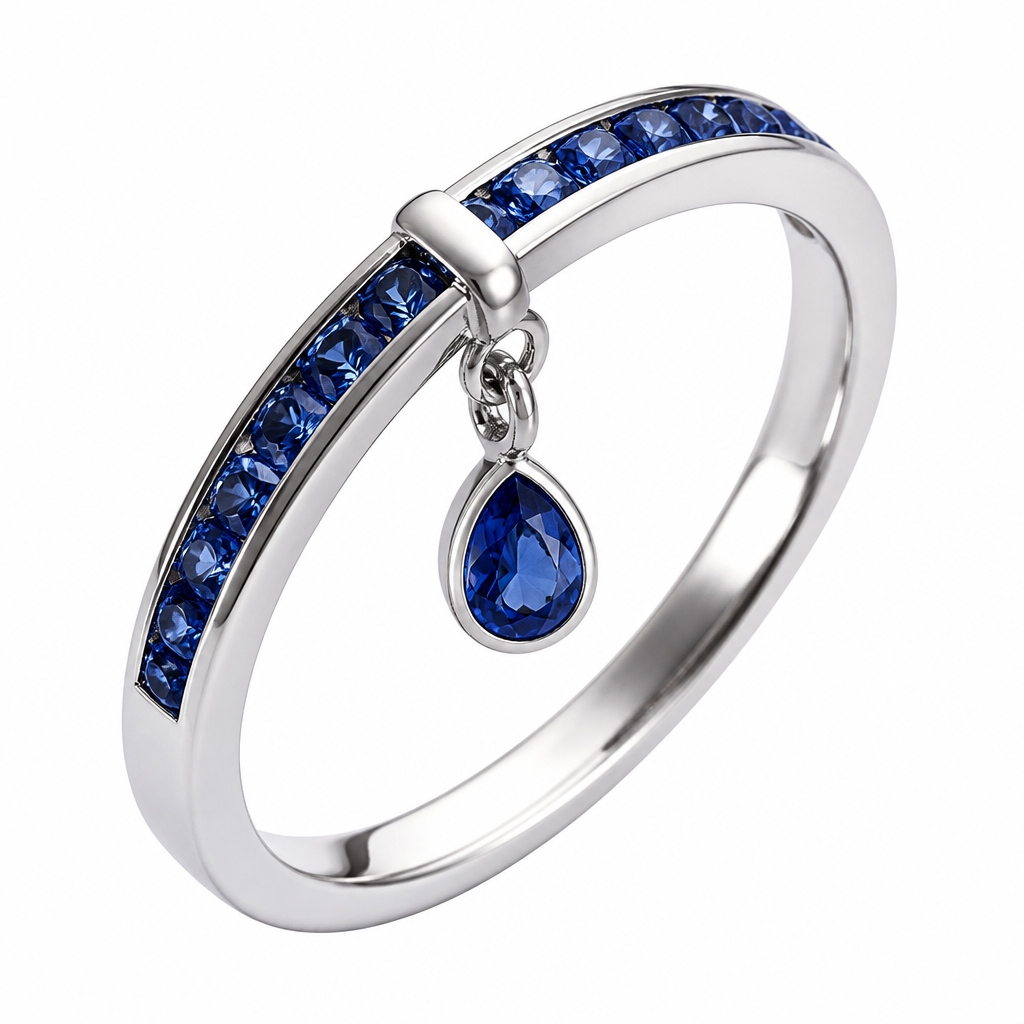 A women's ring made of white gold with sapphire stones. un pendente a goccia
photorealistic jewelry design, A women's ring made of white gold with sapphire stones. un pendente a goccia, modern style, just the design no text