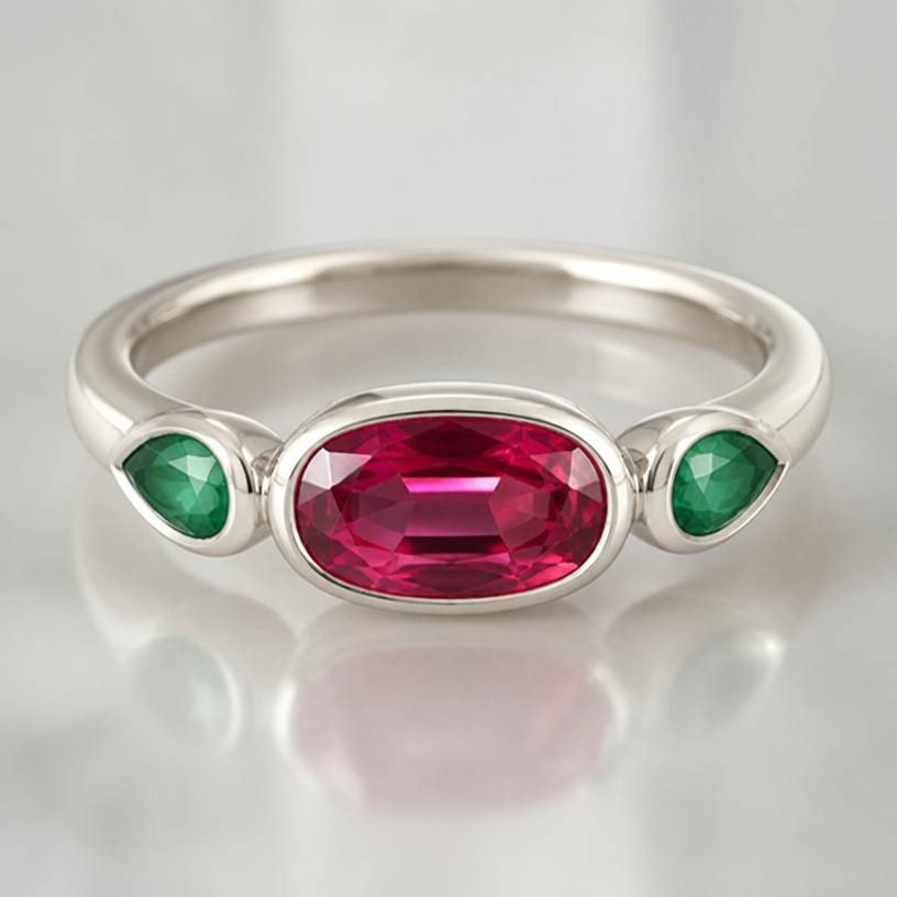 A gemstone-focused women's ring made of silver with ruby and emerald stones suitable for daily wear. bezel mount ruby in sterling silver half round ring
using the attached image as a visual reference, create A gemstone-focused women's ring made of silver with ruby and emerald stones suitable for daily wear. bezel mount ruby in sterling silver half round ring. photorealistic, just the design no text
