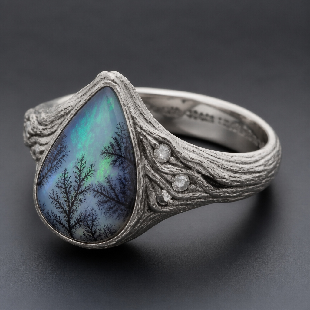 A women's ring. Кольцо отлито из матового белого золота 750-й пробы, но его поверхность не гладкая. Она имитирует текстуру старой древесной коры или омытой океаном скалы — с тонкими, едва заметными прожилками из черненого платинового сплава
Оно не идеальной круглой формы, а слегка асимметричное, плавно утолщающееся к центру, словно ветви дерева, которые естественно переплелись вокруг пальца.
Центральный самоцвет: Это пейзажный (дендритовый) опал каплевидной формы.
Камень обладает потрясающей опалесценцией. Внутри него, на глубоком молочно-туманном фоне, застыли природные включения оксида марганца, которые создают абсолютную иллюзию зимнего леса в сумерках. Когда на кольцо падает свет, внутри камня вспыхивают искры неоново-зеленого и глубокого синего цвета, словно северное сияние над этими графичными «деревьями»
Изнутри кольцо идеально отполировано до зеркального блеска (для комфорта) и покрыто гравировкой в виде созвездий
Сбоку от центрального опала, прямо в «трещинках» золотой коры, спрятаны три крошечных, необработанных сырых алмаза. Они не гранены, а сохранены в своем первозданном виде — как капли росы, застывшие на металле.
Это кольцо выглядит одновременно древним, будто его нашли в старинном кладе, и футуристичным за счет необычного сочетания текстур. Оно притягивает взгляд, потому что его хочется долго рассматривать, разгадывая узор внутри камня
photorealistic jewelry design, A women's ring. Кольцо отлито из матового белого золота 750-й пробы, но его поверхность не гладкая. Она имитирует текстуру старой древесной коры или омытой океаном скалы — с тонкими, едва заметными прожилками из черненого платинового сплава
Оно не идеальной круглой формы, а слегка асимметричное, плавно утолщающееся к центру, словно ветви дерева, которые естественно переплелись вокруг пальца.
Центральный самоцвет: Это пейзажный (дендритовый) опал каплевидной формы.
Камень обладает потрясающей опалесценцией. Внутри него, на глубоком молочно-туманном фоне, застыли природные включения оксида марганца, которые создают абсолютную иллюзию зимнего леса в сумерках. Когда на кольцо падает свет, внутри камня вспыхивают искры неоново-зеленого и глубокого синего цвета, словно северное сияние над этими графичными «деревьями»
Изнутри кольцо идеально отполировано до зеркального блеска (для комфорта) и покрыто гравировкой в виде созвездий
Сбоку от центрального опала, прямо в «трещинках» золотой коры, спрятаны три крошечных, необработанных сырых алмаза. Они не гранены, а сохранены в своем первозданном виде — как капли росы, застывшие на металле.
Это кольцо выглядит одновременно древним, будто его нашли в старинном кладе, и футуристичным за счет необычного сочетания текстур. Оно притягивает взгляд, потому что его хочется долго рассматривать, разгадывая узор внутри камня, modern style, just the design no text