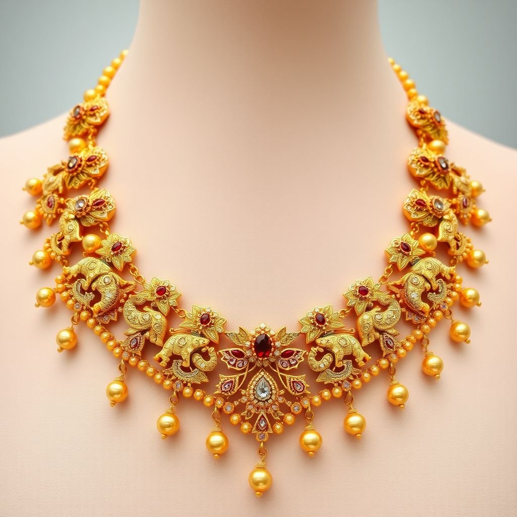 I want heritage Jewllery which are include figure like elephant,jadau birds and many more animal and flower and it’s kundan jewllery and make necklace style which easy to wear in neck and down side of necklace small gola balls which are included small small gughari ball you have to make with kundan piece which are Heydrabadi kundan 
