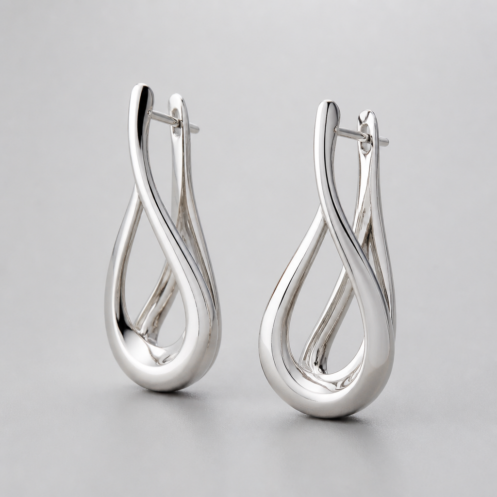 A modern women's earrings made of silver
photorealistic jewelry design, A modern women's earrings made of silver, modern style, just the design no text
