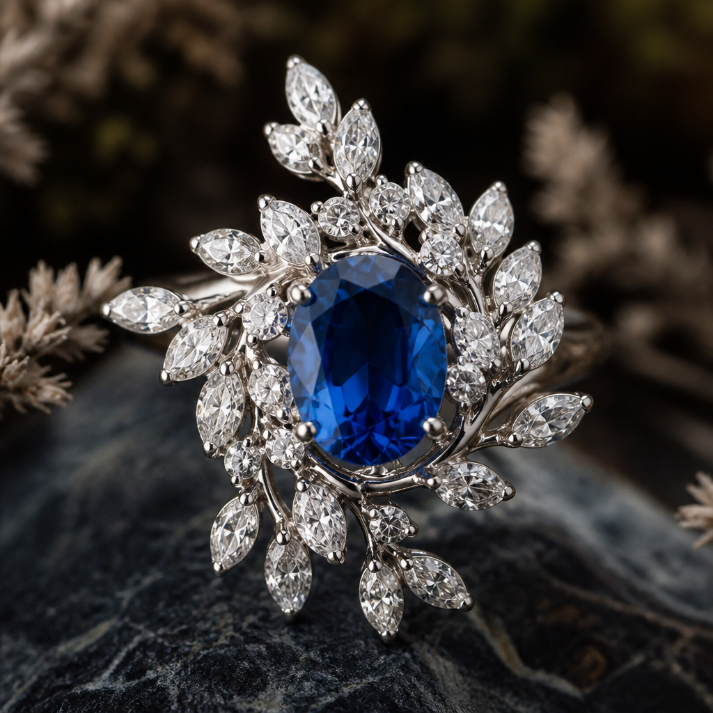 Safire center with diamonds surrounding it