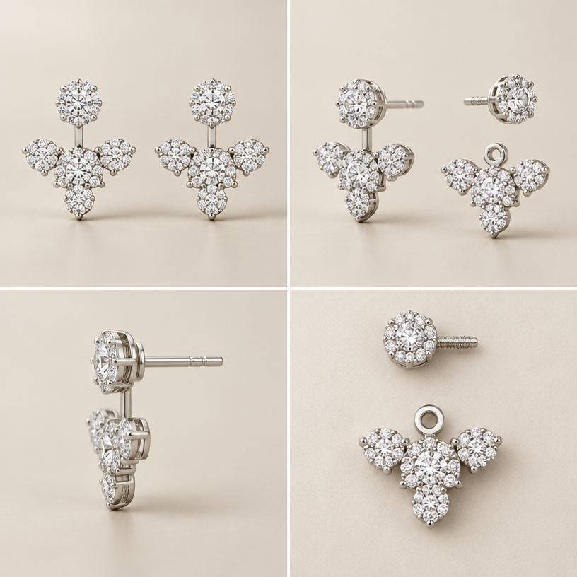 A women's earrings, minimalist, simple and delicate, clean lines. สามารถถอดออกเป็นส่วนๆได้,เปลี่ยนใบไม้ให้เป็นเม็ดเดี่ยวล้อม1ชุด,4 views
using the attached image as a visual reference, create A women's earrings, minimalist, simple and delicate, clean lines. สามารถถอดออกเป็นส่วนๆได้,เปลี่ยนใบไม้ให้เป็นเม็ดเดี่ยวล้อม1ชุด,4 views. photorealistic, just the design no text