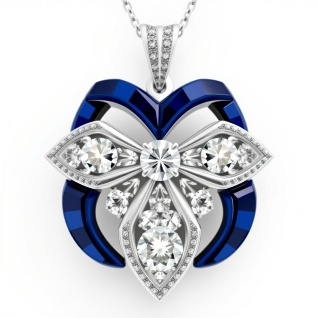 Geomatric architecture  pendant of white diamonds and sapphire 