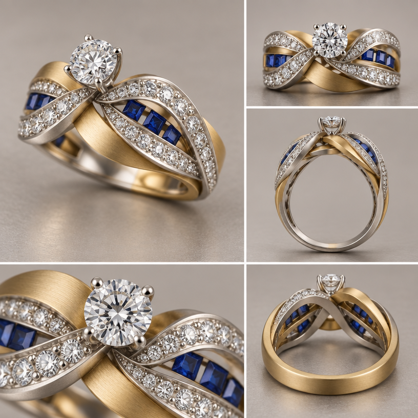 A women's ring made of mixed metal with diamond and sapphire stones. design a ring with 33 .10 carat diamonds, 7 .10 carat square blue sapphires, and one .50 carat round diamond, using white and yellow gold in a matte finish.
using the attached image as a visual reference, create A women's ring made of mixed metal with diamond and sapphire stones. design a ring with 33 .10 carat diamonds, 7 .10 carat square blue sapphires, and one .50 carat round diamond, using white and yellow gold in a matte finish.. photorealistic, just the design no text