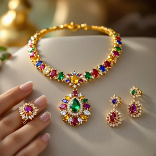 Necklace and ring and earring with colorful jewel with gold