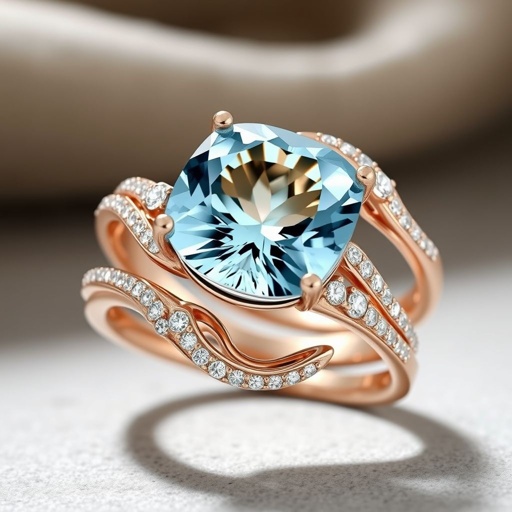 A aquamarine gemstone rose cut and diamond gemstones trillion, 30, with VVS and M carat multi ring