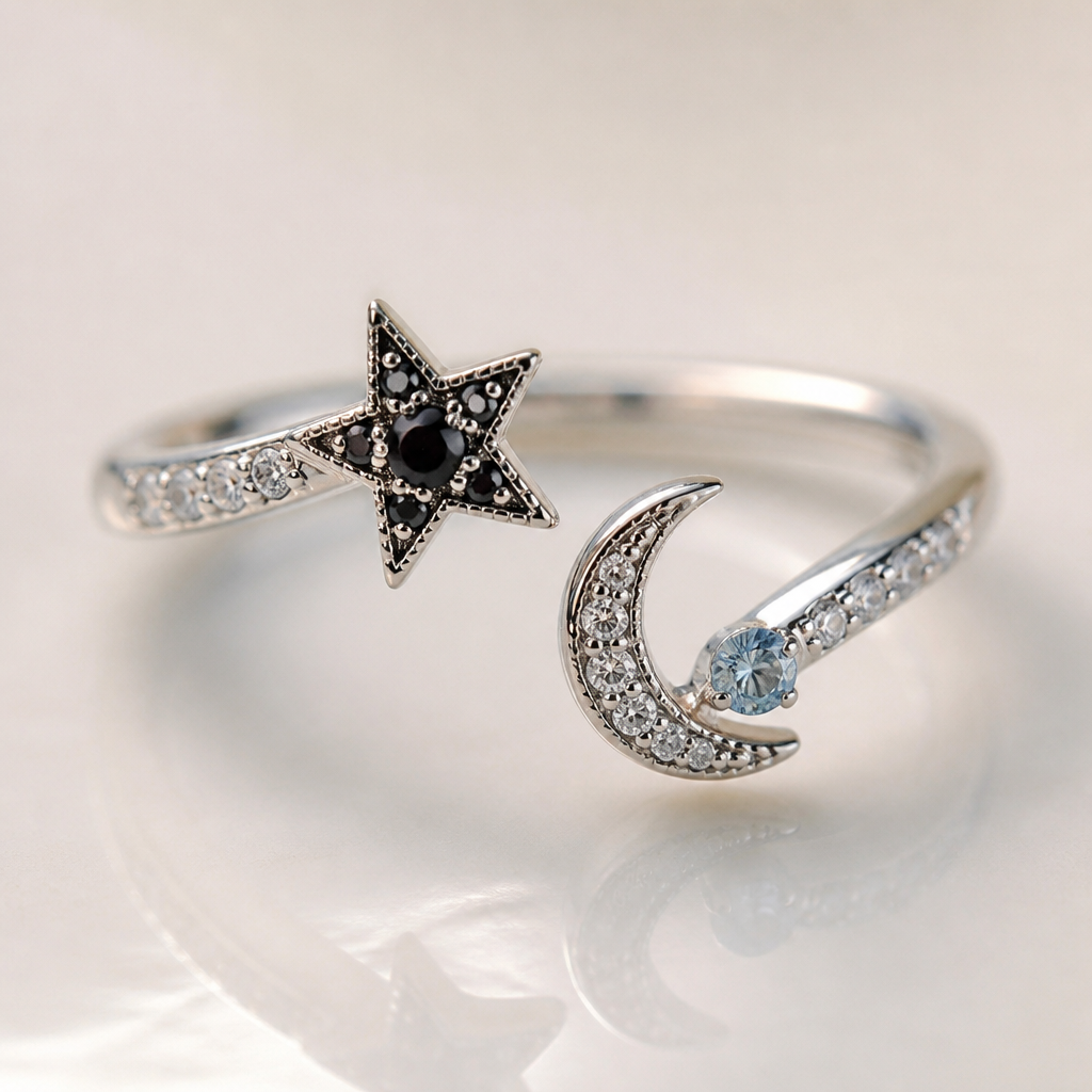 A classic women's ring made of white gold with diamond and topaz stones. A black stone small star at one end and another end a waxing crescent it should be adjustable ring
photorealistic jewelry design, A classic women's ring made of white gold with diamond and topaz stones. A black stone small star at one end and another end a waxing crescent it should be adjustable ring, classic style, just the design no text
