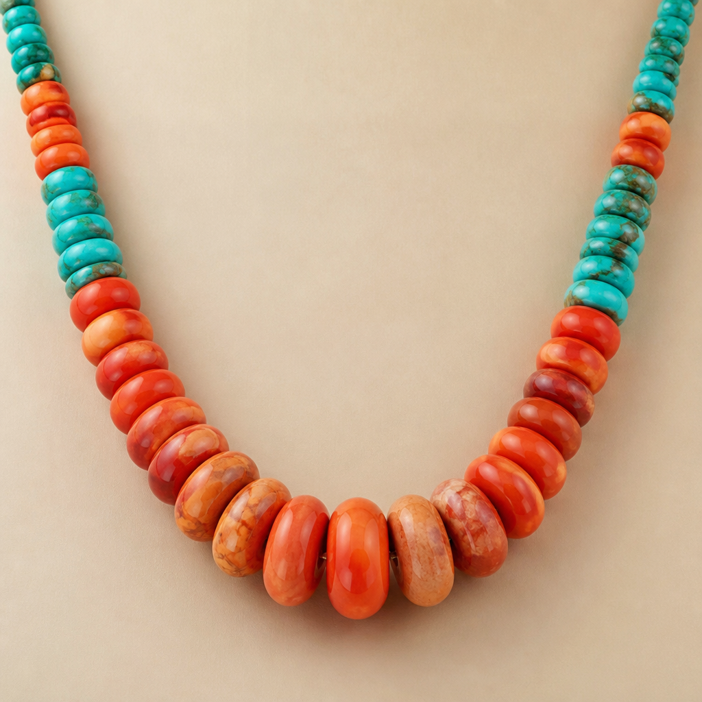 Graduated spiny oyster rondels 8mm to 18mm, turquoise rondels necklace
photorealistic jewelry design, Graduated spiny oyster rondels 8mm to 18mm, turquoise rondels necklace
, bohemian style, just the design no text